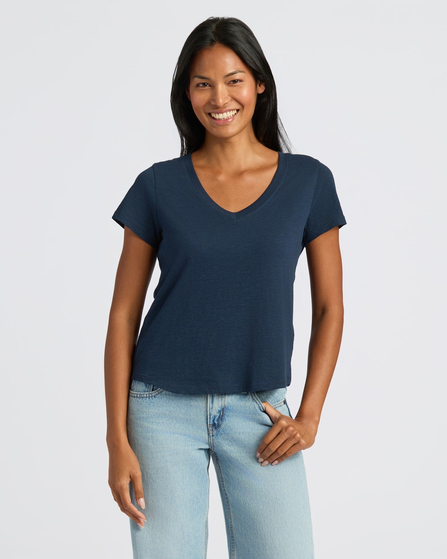 Womens Navy & White Relaxed Slub V-Neck Tee 2-Pack